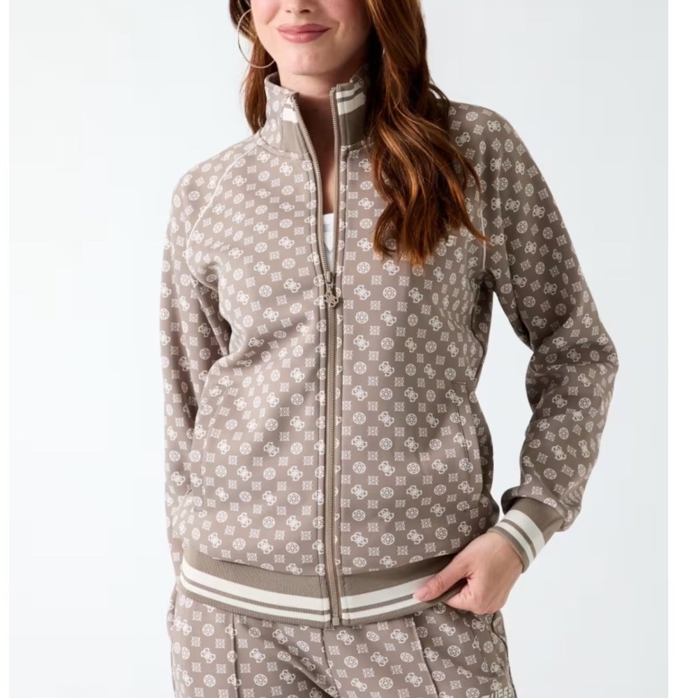 GUESS Eco Aggie Full Zip Sweatshirt XL Brown Taupe 4G Monogram Logo Track Suit